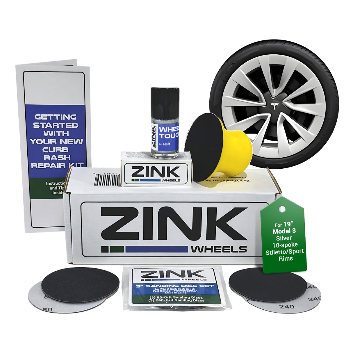Tesla Wheel Curb Rash Repair Kit for Model 3 19-inch Silver Stiletto Sport Rims with Color-matched Touch-Up Paint