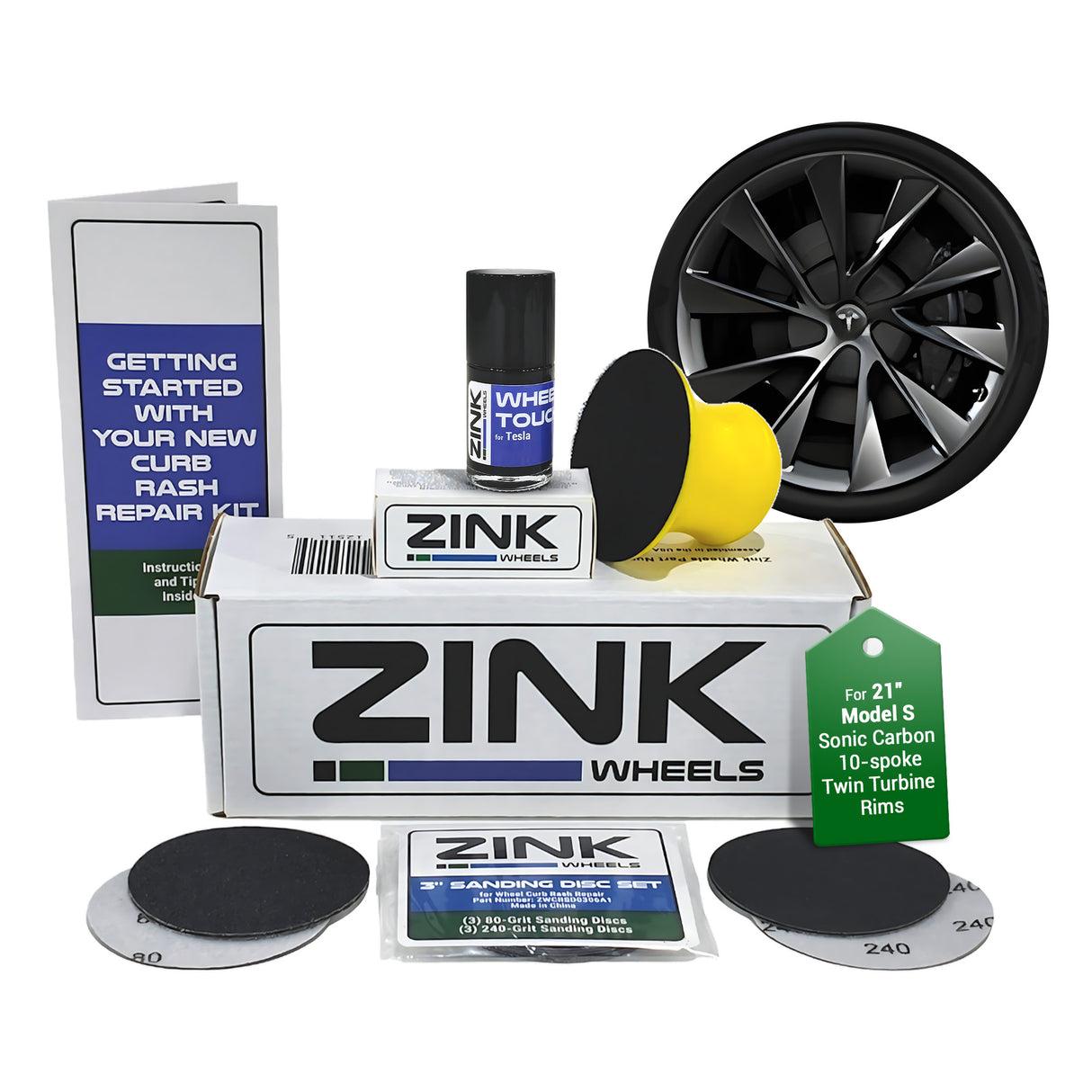 Tesla Wheel Curb Rash Repair Kit for Model S 21-inch Sonic Carbon Twin Turbine Rims with Color-matched Touch-Up Paint