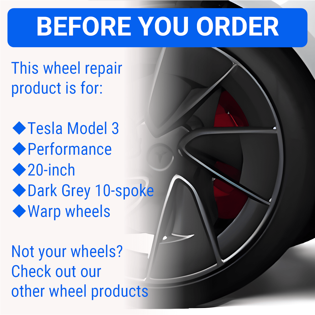 Tesla Wheel Curb Rash Repair Kit for Model 3 20-inch Dark Grey Warp Performance Rims with Color-matched Touch-Up Paint